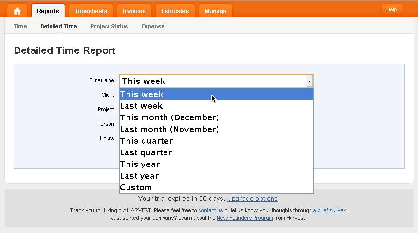 Creating a custom time report (e.g. with Harvest www.getharvest.com)