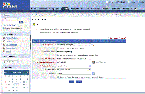 Zoho CRM screenshot